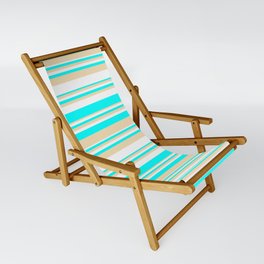 [ Thumbnail: White, Aqua & Tan Colored Striped/Lined Pattern Sling Chair ]