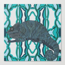 Modern chameleon sitting on a tree branch design with a patterned background Canvas Print