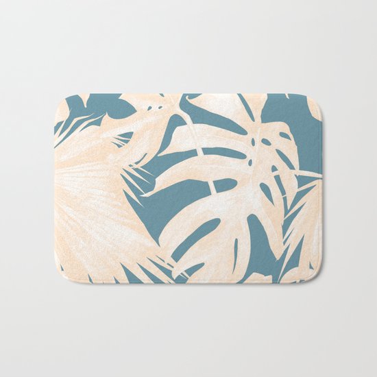 Palm Leaves Citrus on Deep Ocean Blue Bath Mat