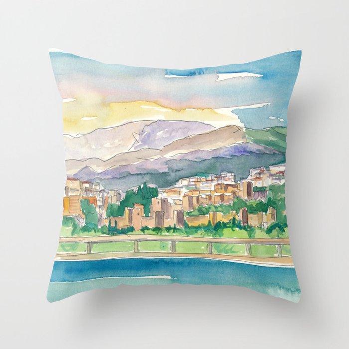 Malaga Port View Of City And Alcazaba Fortress Throw Pillow