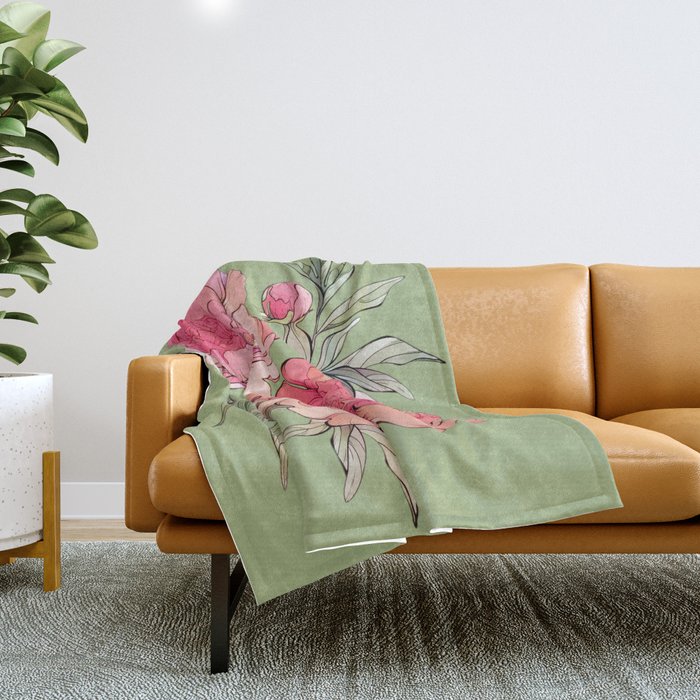 Peonia Flowers illustration Throw Blanket