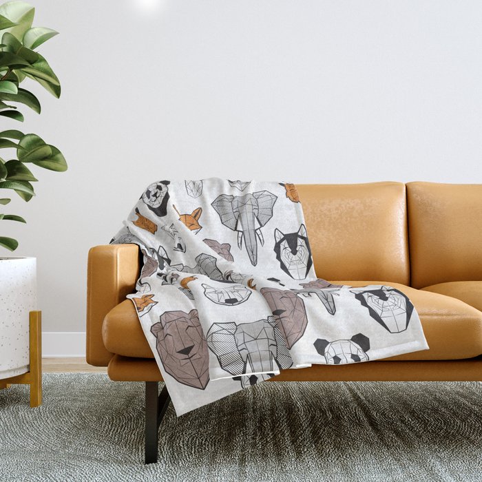 Friendly geometric animals // white background black and white orange grey and taupe brown animals Throw Blanket