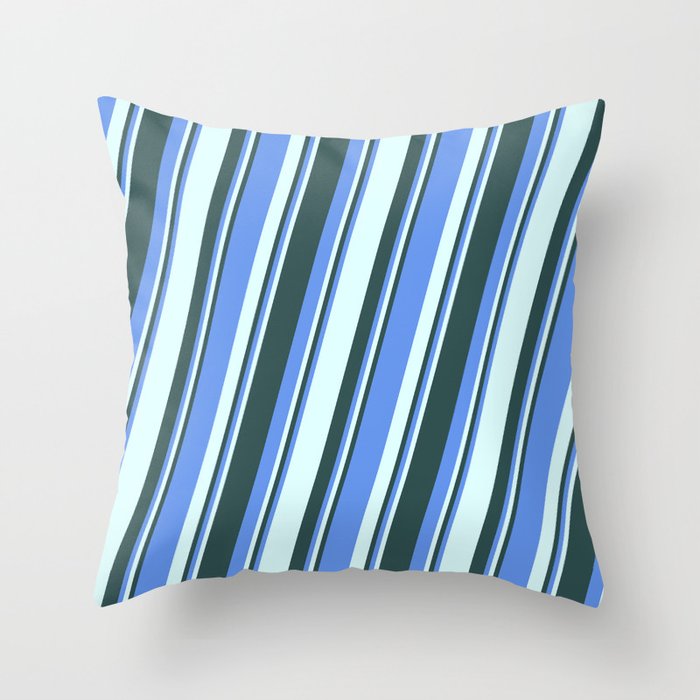 Cornflower Blue, Light Cyan, and Dark Slate Gray Colored Pattern of Stripes Throw Pillow