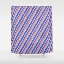 [ Thumbnail: Light Coral, Grey, and Royal Blue Colored Striped/Lined Pattern Shower Curtain ]