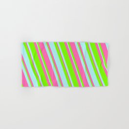 [ Thumbnail: Green, Turquoise & Hot Pink Colored Lines Pattern Hand & Bath Towel ]