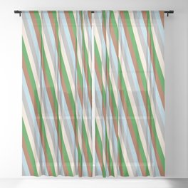 [ Thumbnail: Eyecatching Dark Grey, Beige, Forest Green, Sienna, and Light Blue Colored Stripes/Lines Pattern Sheer Curtain ]