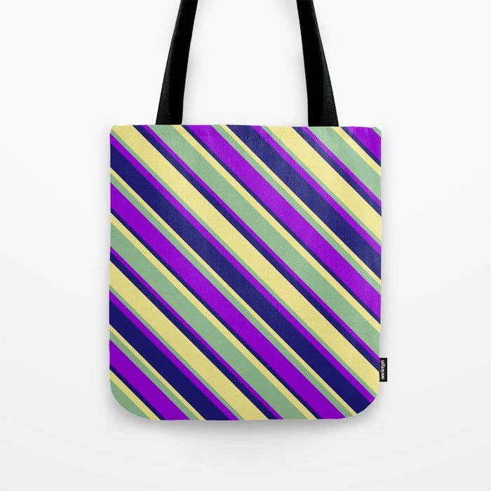 Dark Sea Green, Dark Violet, Midnight Blue, and Tan Colored Lines Pattern Tote Bag