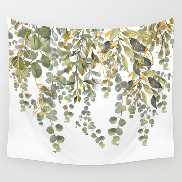 Green And Gold Decorative Eucalyptus Leaves  Wall Tapestry