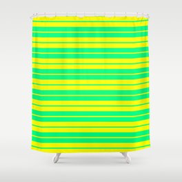 [ Thumbnail: Green & Yellow Colored Pattern of Stripes Shower Curtain ]