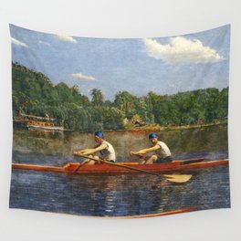 Boston's Head of the Charles River Regatta crew rowing sculling Biglin Brothers racing boats landscape masterpiece by Thomas Eakins Boston's Head of the Charles Regatta Wall Tapestry