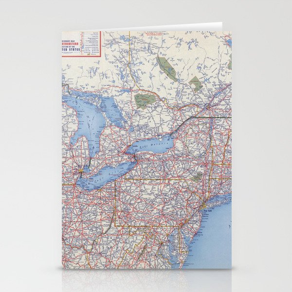Highway Map Northeastern Section of the United States. - Vintage Illustrated Map-road map Stationery Cards