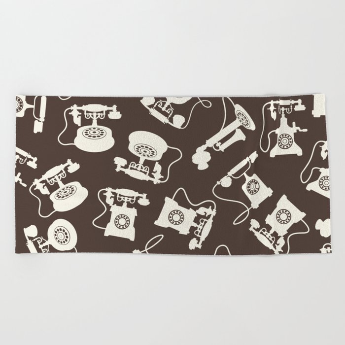 Vintage Rotary Dial Telephone Pattern on Dark Brown Beach Towel