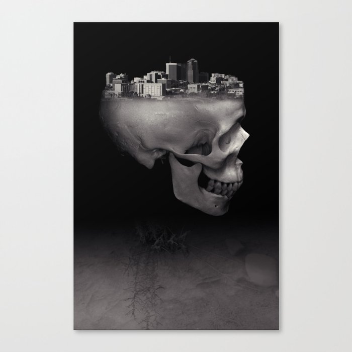 Urban Skull Horror Black and White City Canvas Print