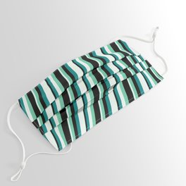 [ Thumbnail: Aquamarine, Black, Teal, and Mint Cream Colored Lined Pattern Face Mask ]