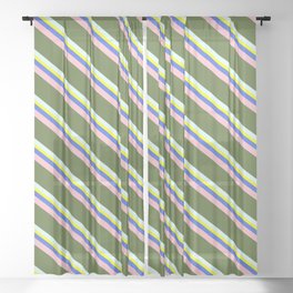 [ Thumbnail: Colorful Yellow, Royal Blue, Pink, Dark Olive Green, and Light Cyan Colored Lined/Striped Pattern Sheer Curtain ]
