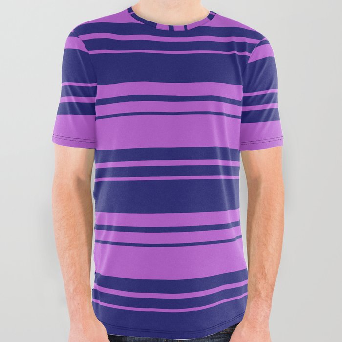 Midnight Blue & Orchid Colored Lined/Striped Pattern All Over Graphic Tee