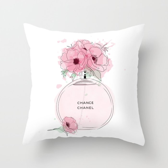 Round Pink Perfume with Flowers Throw Pillow