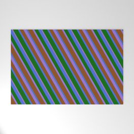 [ Thumbnail: Purple, Brown, Royal Blue & Dark Green Colored Stripes Pattern Welcome Mat ]