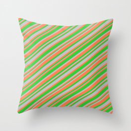 [ Thumbnail: Coral, Lime Green, and Grey Colored Striped Pattern Throw Pillow ]