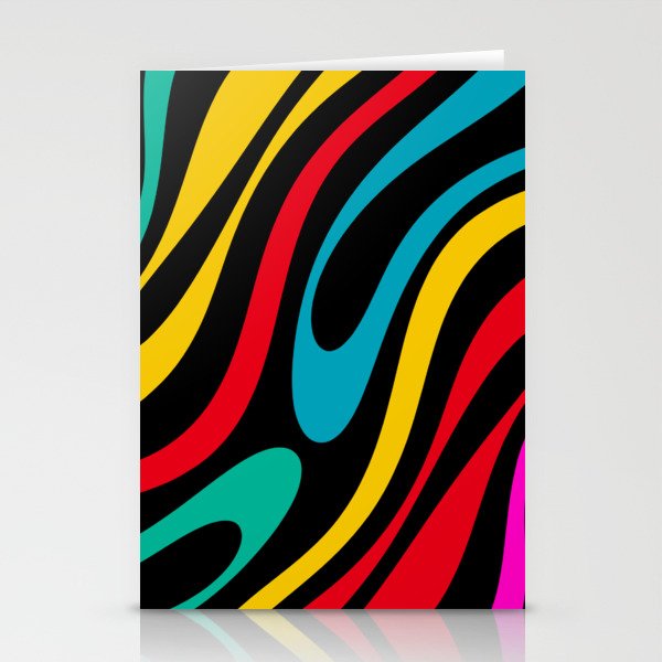 Wavy Loops Retro 80s Colorful Abstract Pattern on Black Stationery Cards