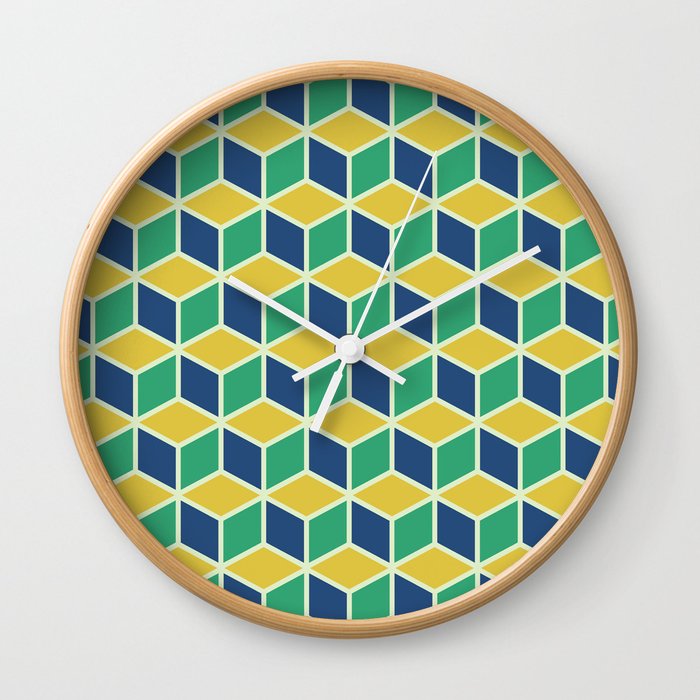 Geometric Cube Pattern 129 Blue Green and Yellow Wall Clock