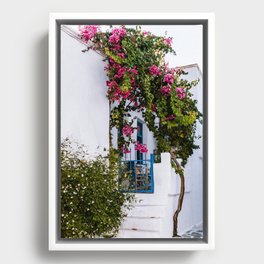 Traditional Greek Street Scenery | Blue Door and Pink Flowers | Island Life | Travel Photography in Europe Framed Canvas