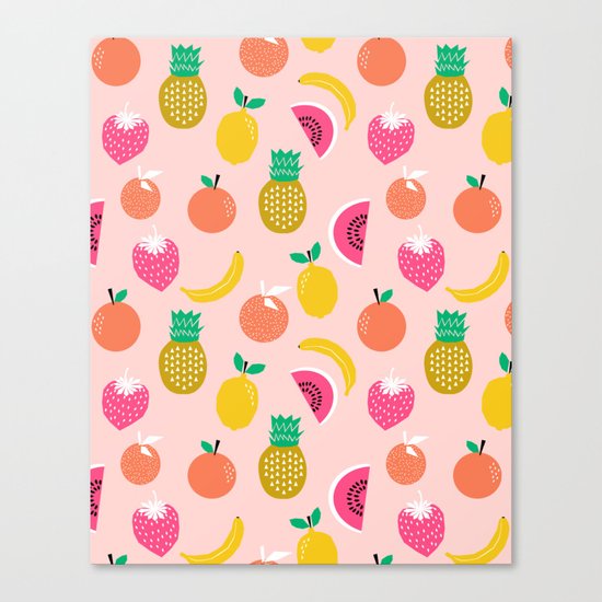 Fruit summer spring pattern print tropical island pineapple cherry strawberry banana fresh hot Canvas Print