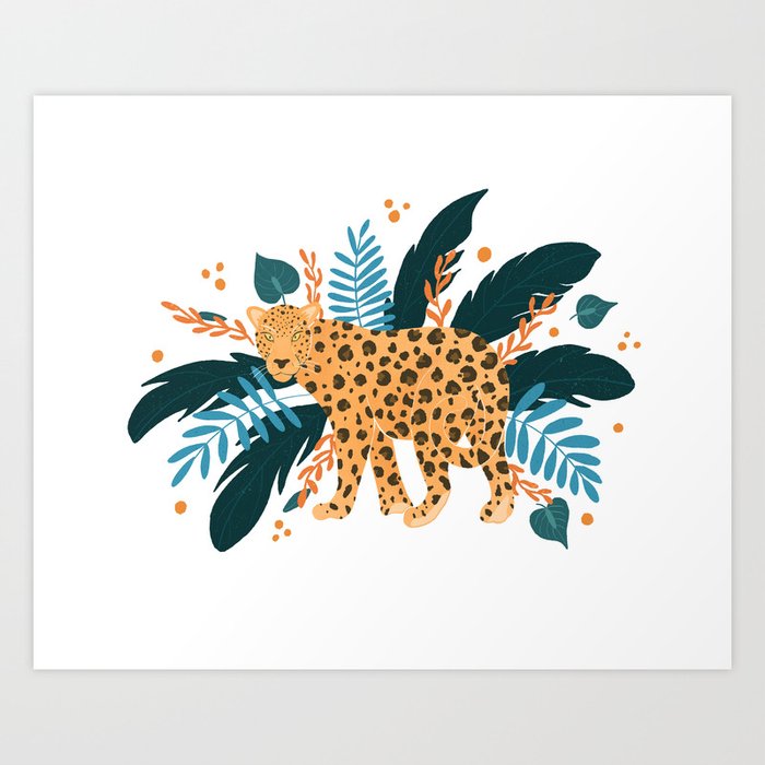 Leopard with orange and teal tropical plants Art Print