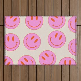 Keep Smiling! - Large Pink and Beige Smiley Face Pattern Outdoor Rug