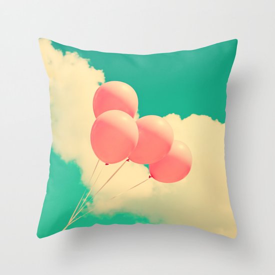Happy Pink Balloons on retro blue sky Throw Pillow