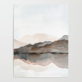 Neutral Mountain Lake Landscape Watercolor  Poster