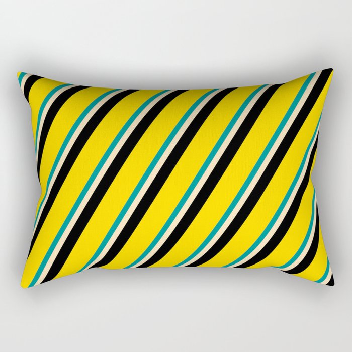 Dark Cyan, Beige, Black & Yellow Colored Stripes/Lines Pattern Rectangular Pillow