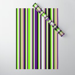 [ Thumbnail: Eyecatching Indigo, Tan, Lavender, Green & Black Colored Lines/Stripes Pattern Wrapping Paper ]