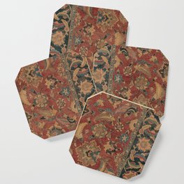 Flowery Boho Rug I // 17th Century Distressed Colorful Red Navy Blue Burlap Tan Ornate Accent Patter Coaster