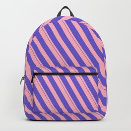 [ Thumbnail: Light Pink and Slate Blue Colored Lined Pattern Backpack ]