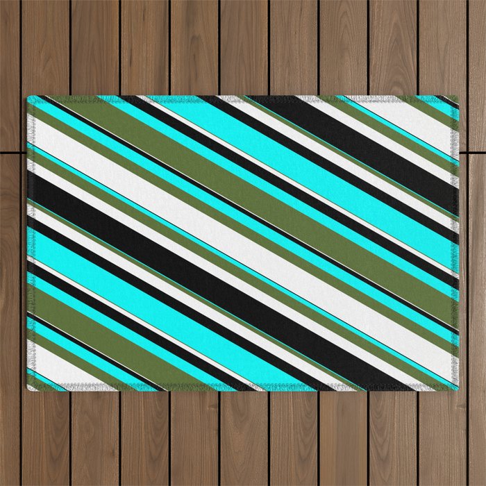 Cyan, Dark Olive Green, White, and Black Colored Lined/Striped Pattern Outdoor Rug