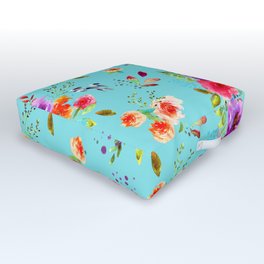 Bright Watercolor Flowers on Blue |Cyan Neon Floral | Renee Davis Outdoor Floor Cushion