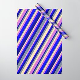 [ Thumbnail: Light Slate Gray, Beige, Orchid, Blue & Dark Blue Colored Striped Pattern Wrapping Paper ]