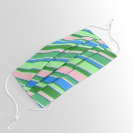 [ Thumbnail: Eye-catching Forest Green, Sea Green, Green, Pink & Blue Colored Lined/Striped Pattern Face Mask ]