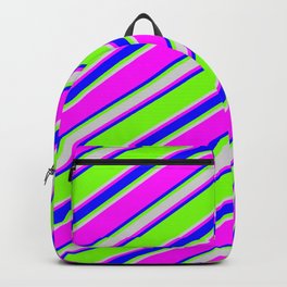 [ Thumbnail: Green, Light Gray, Fuchsia & Blue Colored Stripes/Lines Pattern Backpack ]
