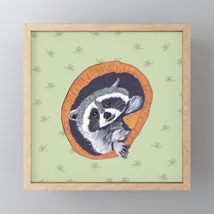 Peeking Raccoons #1 - Green Pallet Framed Mini Art Print