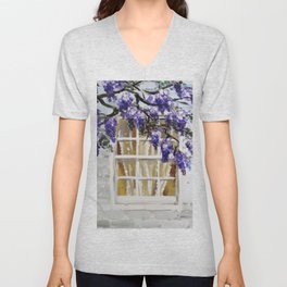 rustic country style white brick wall window purple wisteria flower V Neck T Shirt