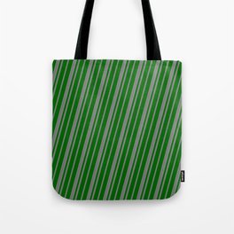 [ Thumbnail: Gray and Dark Green Colored Lined Pattern Tote Bag ]