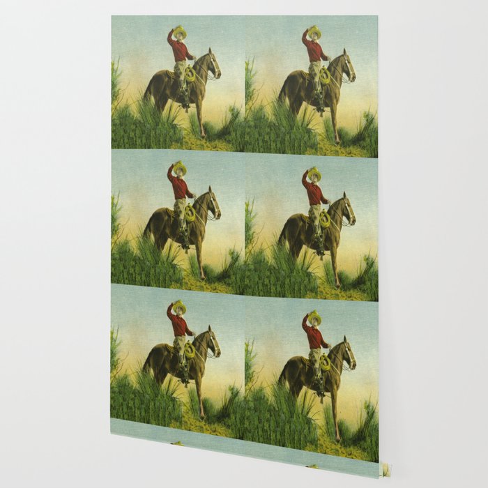 Vintage Western Cowboy On Horse In Grassy Field Wallpaper By
