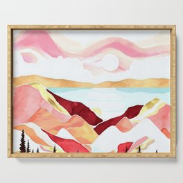 Alpine mountain pink sunset watercolor landscape painting for home, bedroom, living room, and wall decor Serving Tray