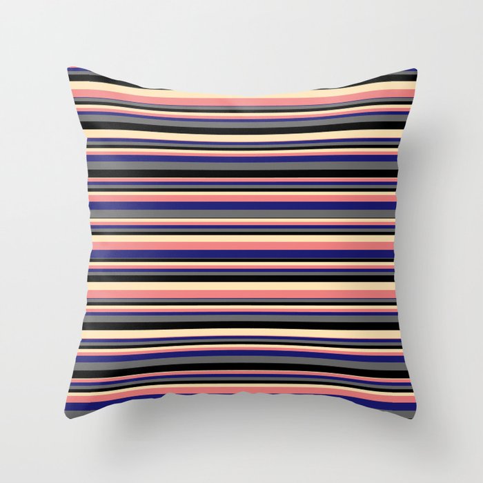 Vibrant Beige, Light Coral, Midnight Blue, Dim Gray, and Black Colored Pattern of Stripes Throw Pillow