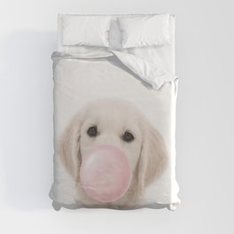 Puppy Labrador, Dog Blowing Bubble Gum, Pink Nursery, Baby Animals Art Print by Synplus Duvet Cover