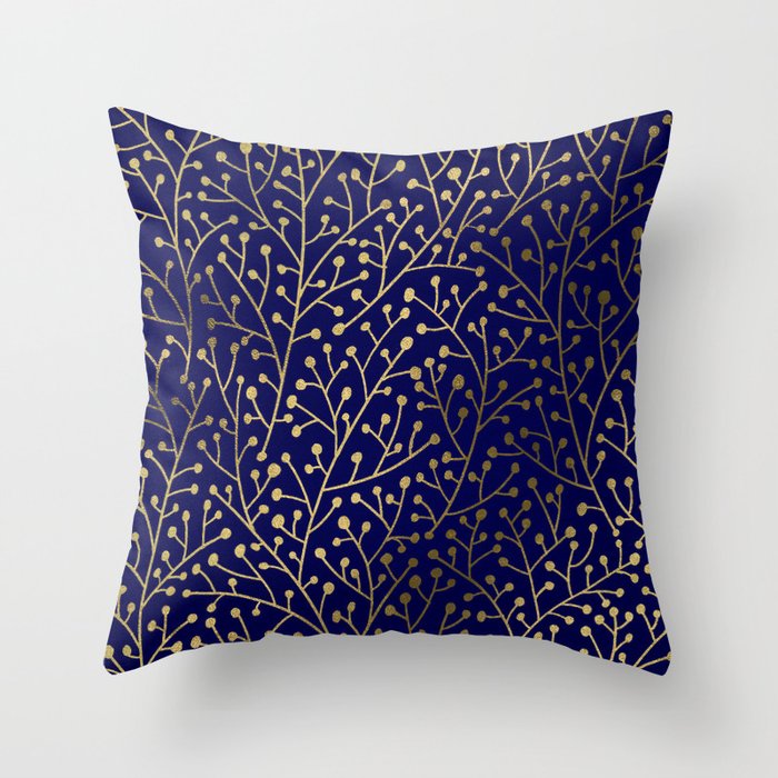 Gold Berry Branches on Navy Throw Pillow