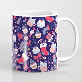 Christmas seamless pattern with sweet desserts, milk, candies, gift box, christmas tree, ribbon, poinsettia and holly berry on starry background. Cute holiday Coffee Mug