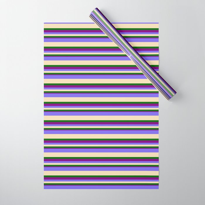 Medium Slate Blue, Tan, Dark Green & Purple Colored Pattern of Stripes Wrapping Paper